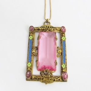 Antique Czech Pink Sapphire Pendant Necklace